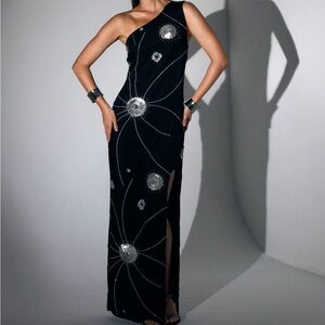 Sophisticated Black One-Shoulder Gown with Silver Accents Bridesmaids Dress Prom